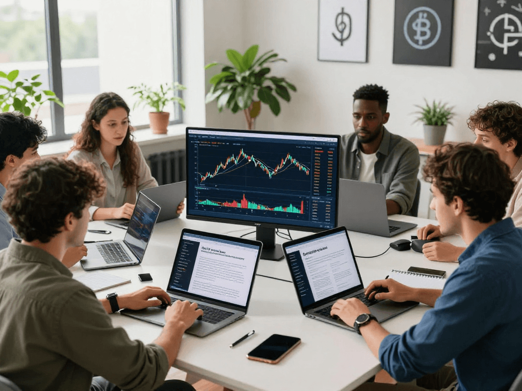 Kyber-swap trading scene with diverse individuals analyzing crypto charts in a modern workspace.