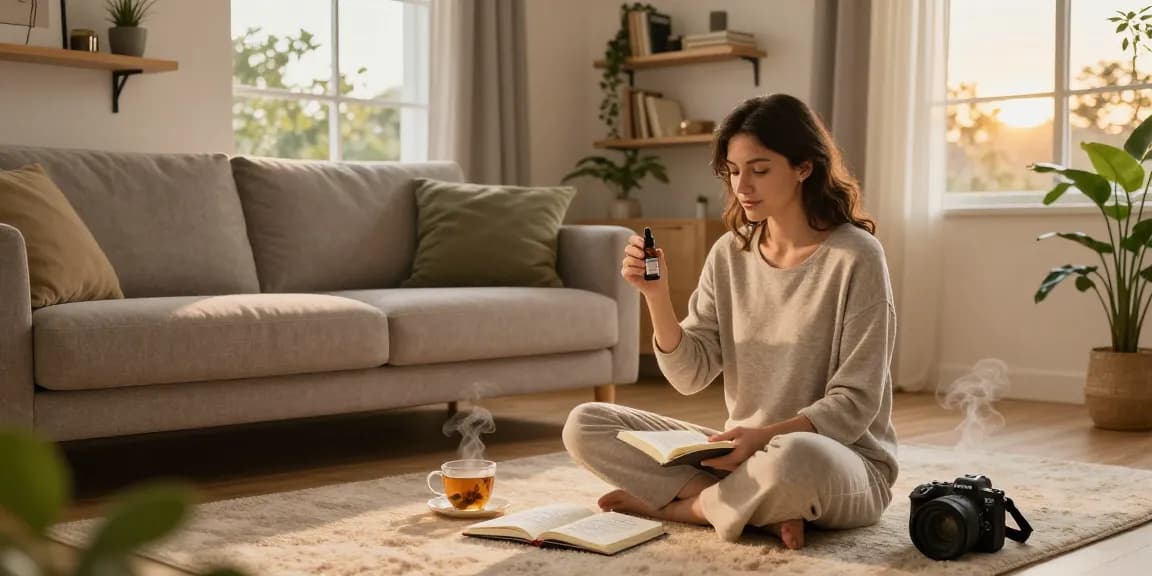 Ministry of Cannabis CBD oil tincture in a calming evening wellness routine with herbal tea and a wellness journal, promoting self-care.