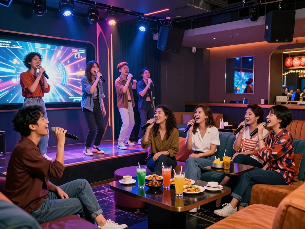 친구들이 노래 부르며 유대감을 나누고 세련된 장식이 그들의 밤을 더욱 빛나게 하는 https://www.3no.org/의 활기찬 노래방 라운지 분위기.