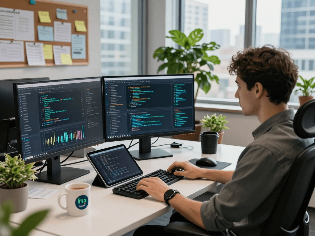 Developer using USDT0 blockchain analytics at a modern workstation