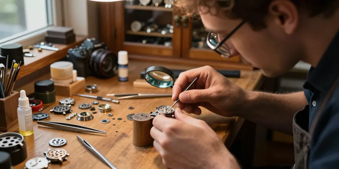 Artisan assembling 3135 movement parts in a warm watchmaker's workshop.