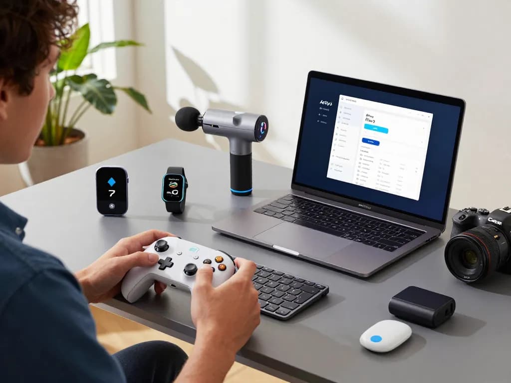 Discover affordable tech gadgets, featuring a workspace with Bluetooth devices like 8BitDo controllers, Fitbit, and massage gun.