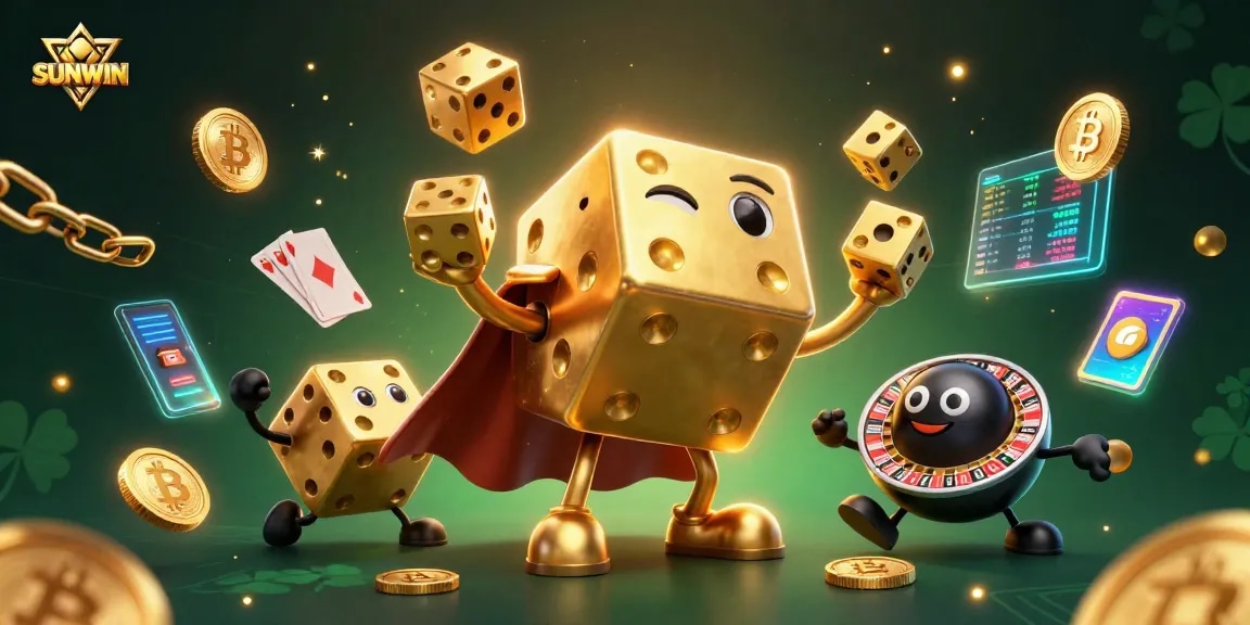 Unleash the fun with SUNWIN's energetic gaming scene featuring golden dice and crypto elements.