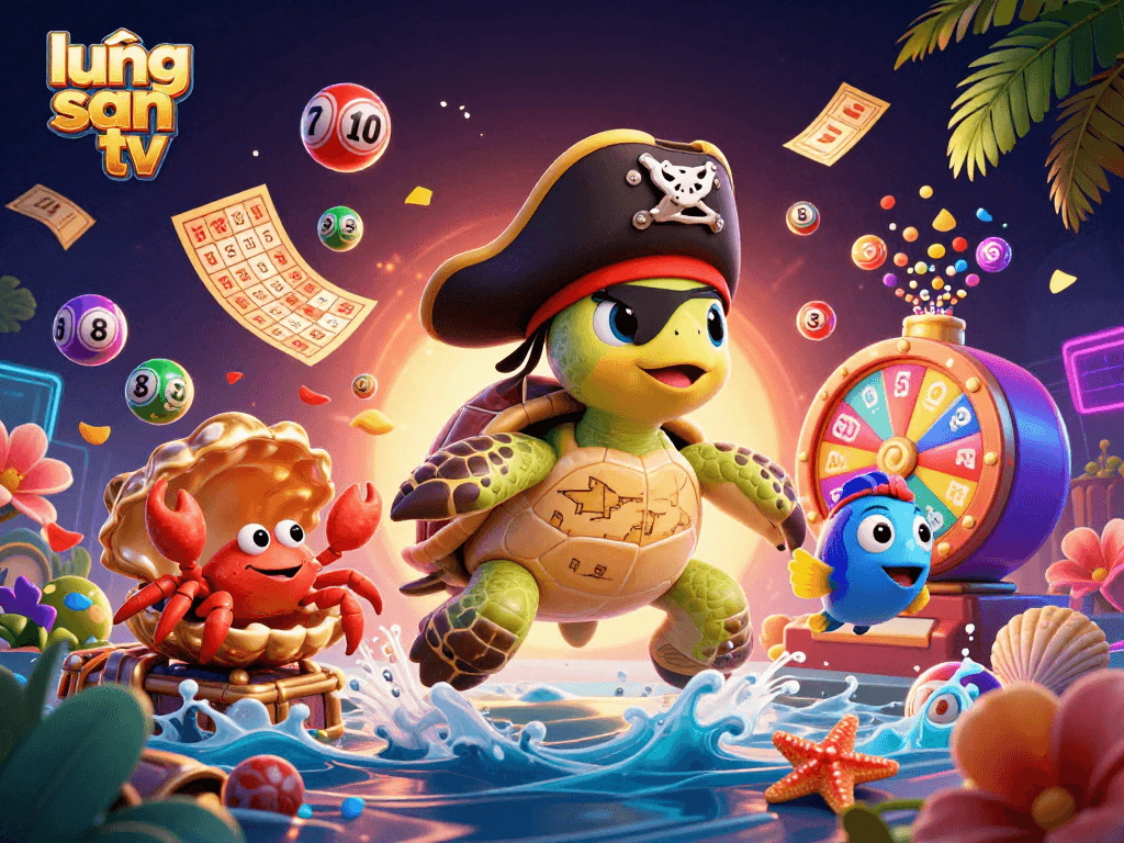 Engage with lương sơn tv in this vibrant scene featuring a pirate turtle and lottery-themed elements celebrating the thrill of gambling.