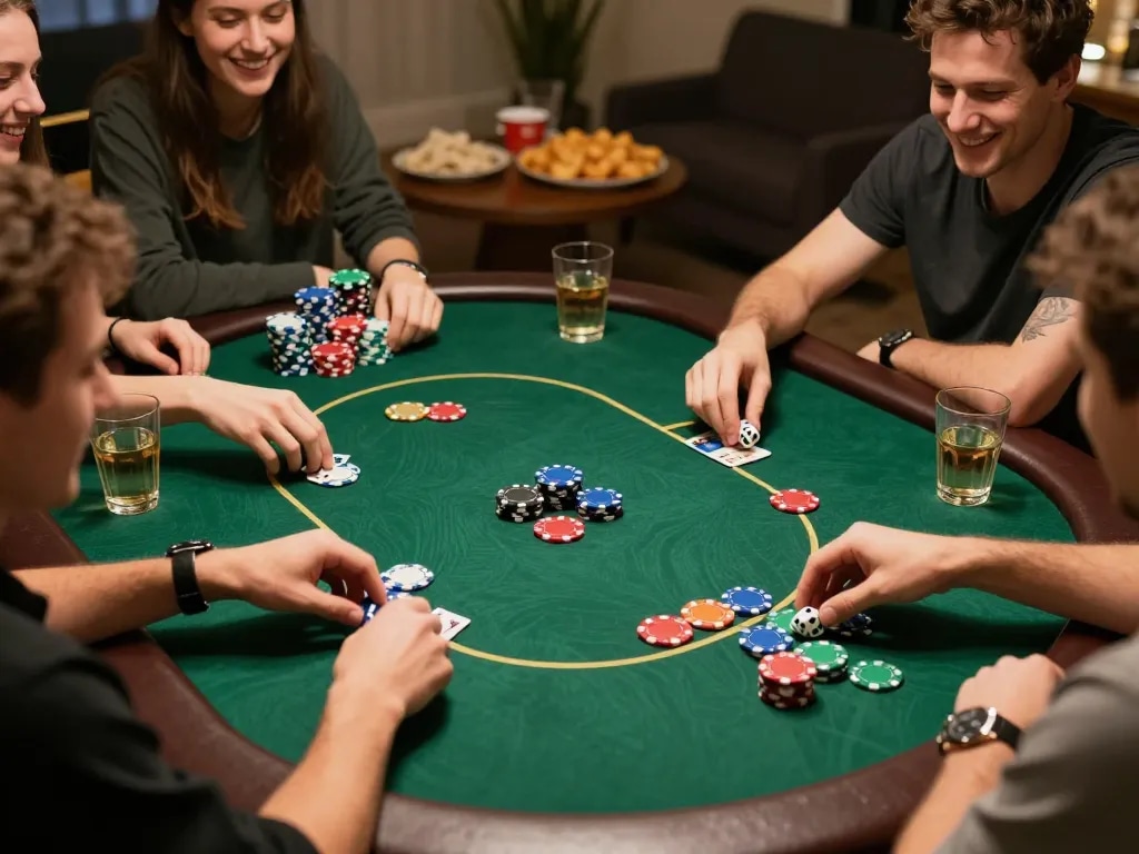 Excited players engaging in game tài xỉu while rolling dice at a friendly home poker night.