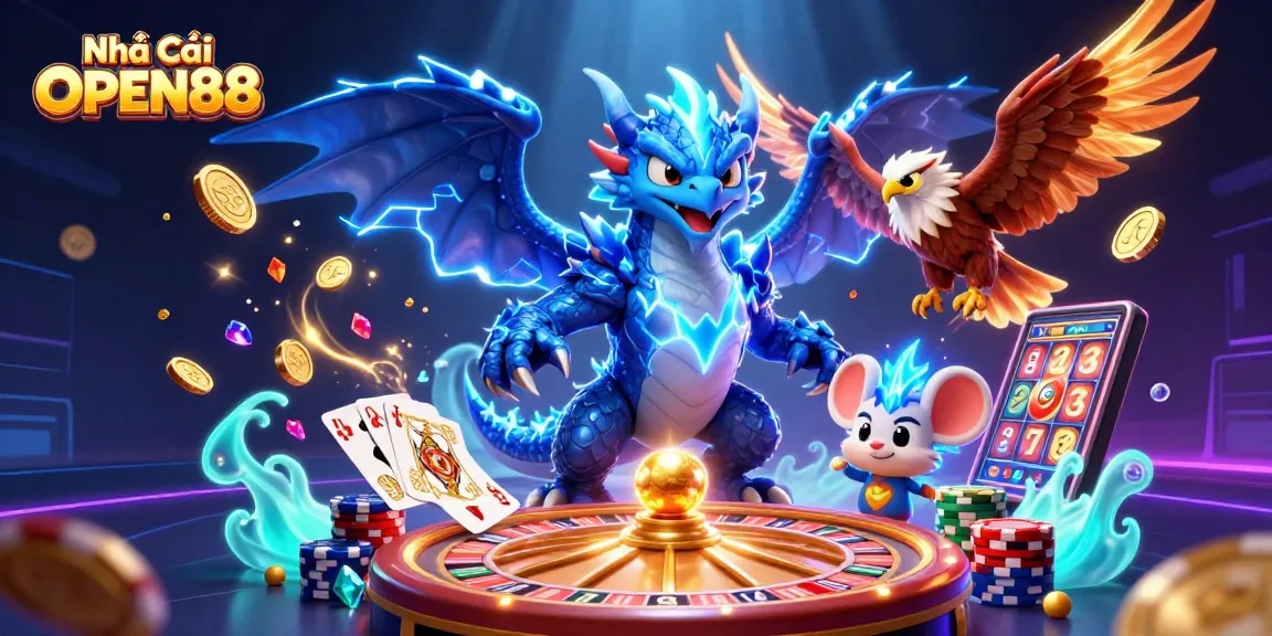 Engage in thrilling gameplay at Nhà Cái OPEN88 with dynamic illustrations showcasing exotic characters and casino elements.