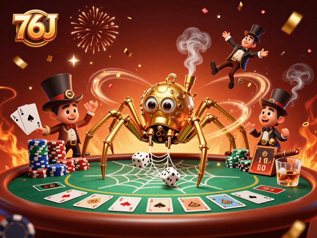 Imagem ilustrativa do 76J com aranha puxando dados em uma teia de apostas, destacando elementos de pôquer.