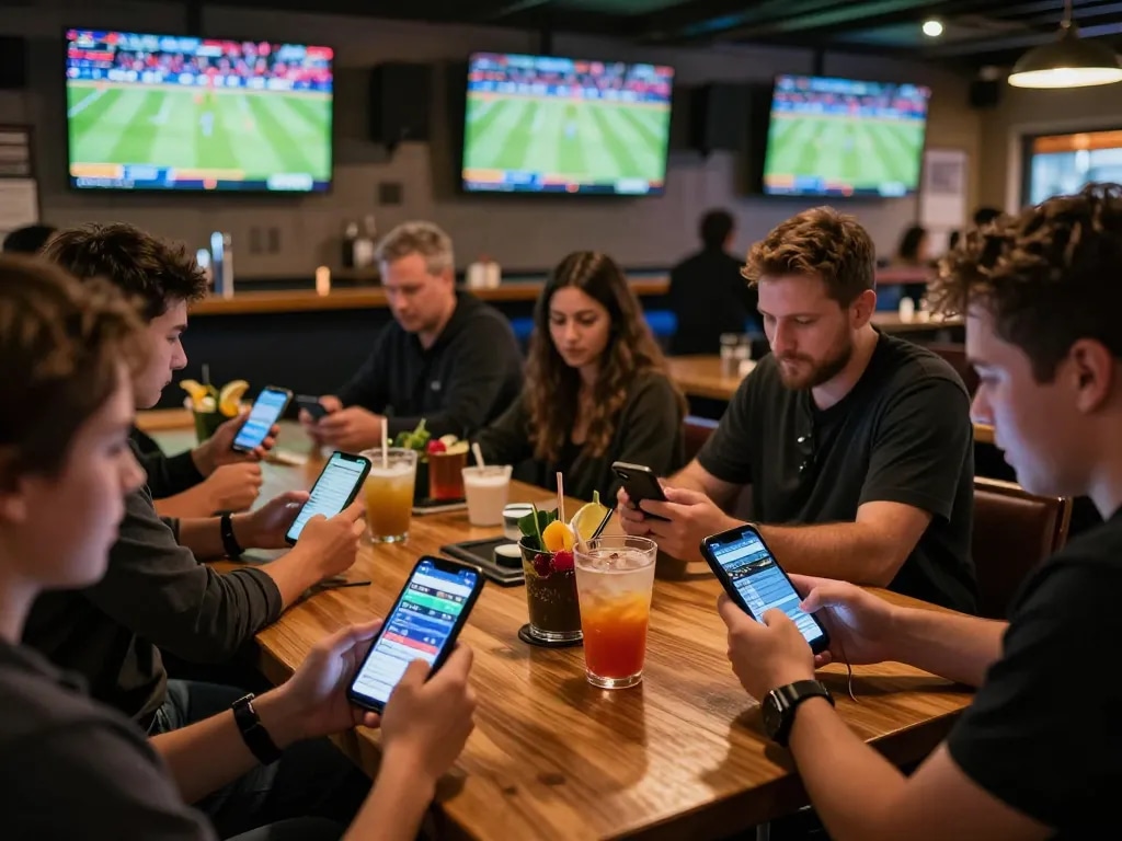 Patrons actively engaging in sports betting with mobile devices at a lively venue, reflecting ty le keo nha cai in real-time updates