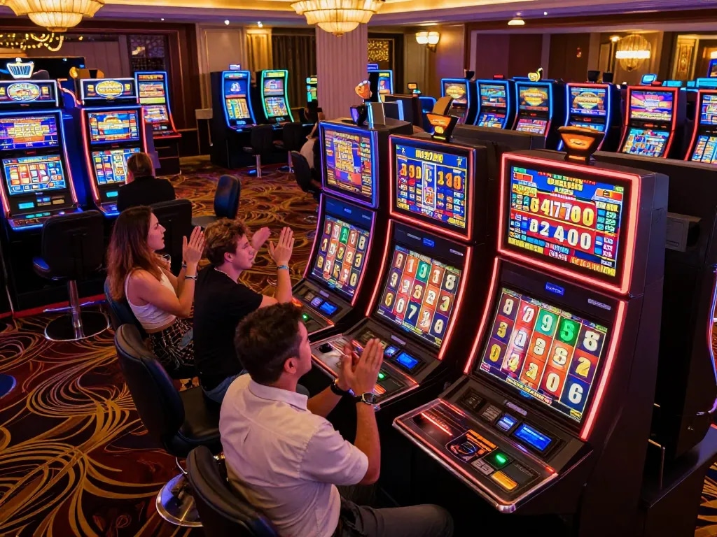 Players celebrating a win on the vibrant sunwingo slot machines in an upscale casino.