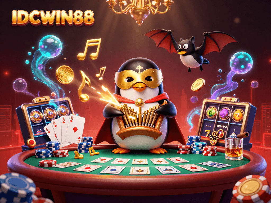 Engage with IDCWIN88 by experiencing a vibrant casino scene featuring a playful penguin and lush elements.