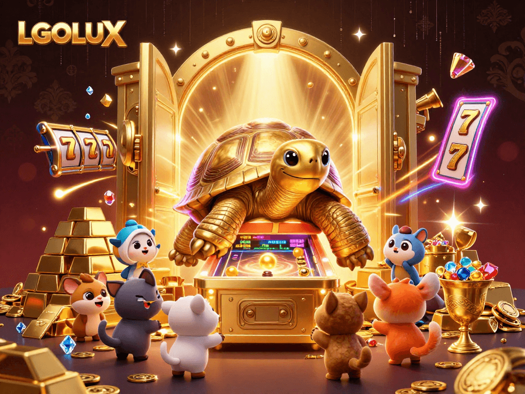 Engage with LGOLUX's thrilling slot experience showcased by a golden tortoise and treasures.