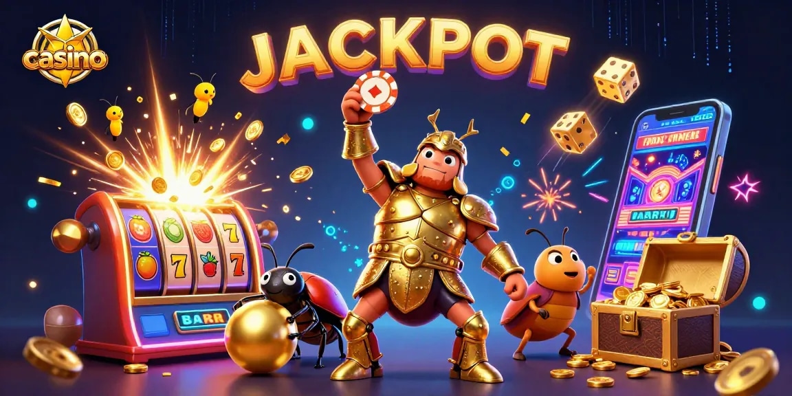 Engage in a vibrant casino scene where a heroic beetle celebrates a jackpot victory!