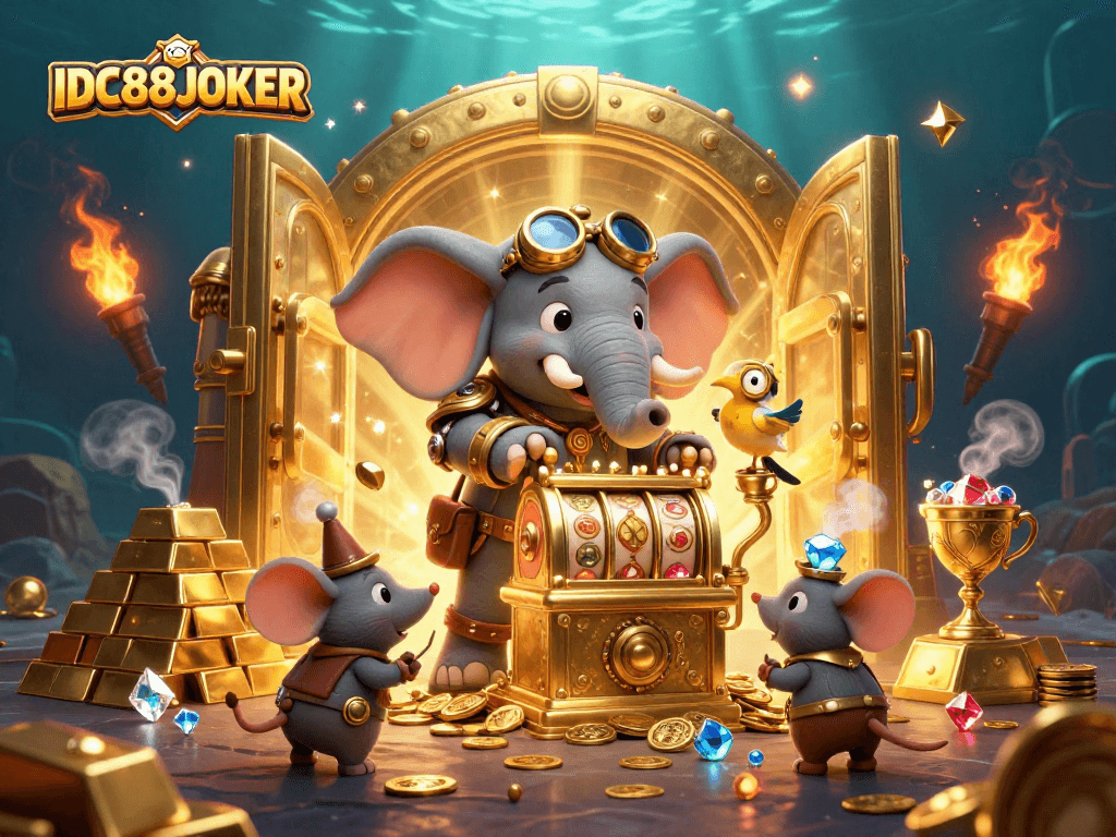 Spin the big golden slot machine on IDC88JOKER with a steampunk elephant engineer surrounded by treasures and gems.
