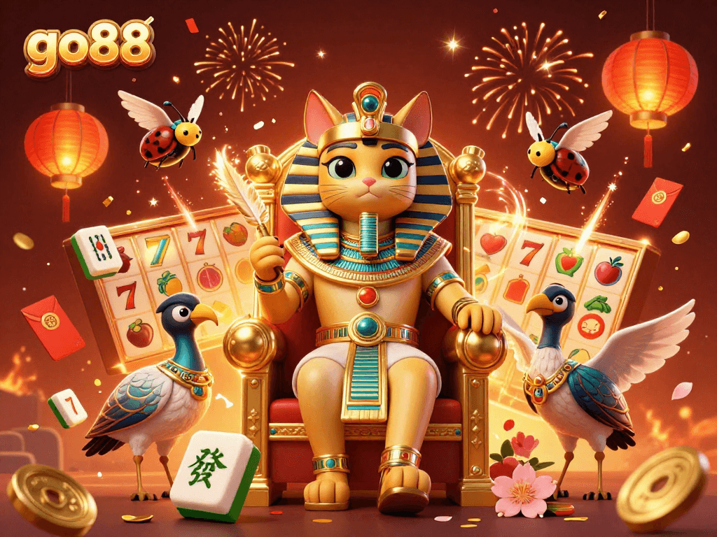 Engage with go88 gaming featuring a pharaoh cat, thrilling slot reels, and festive elements.