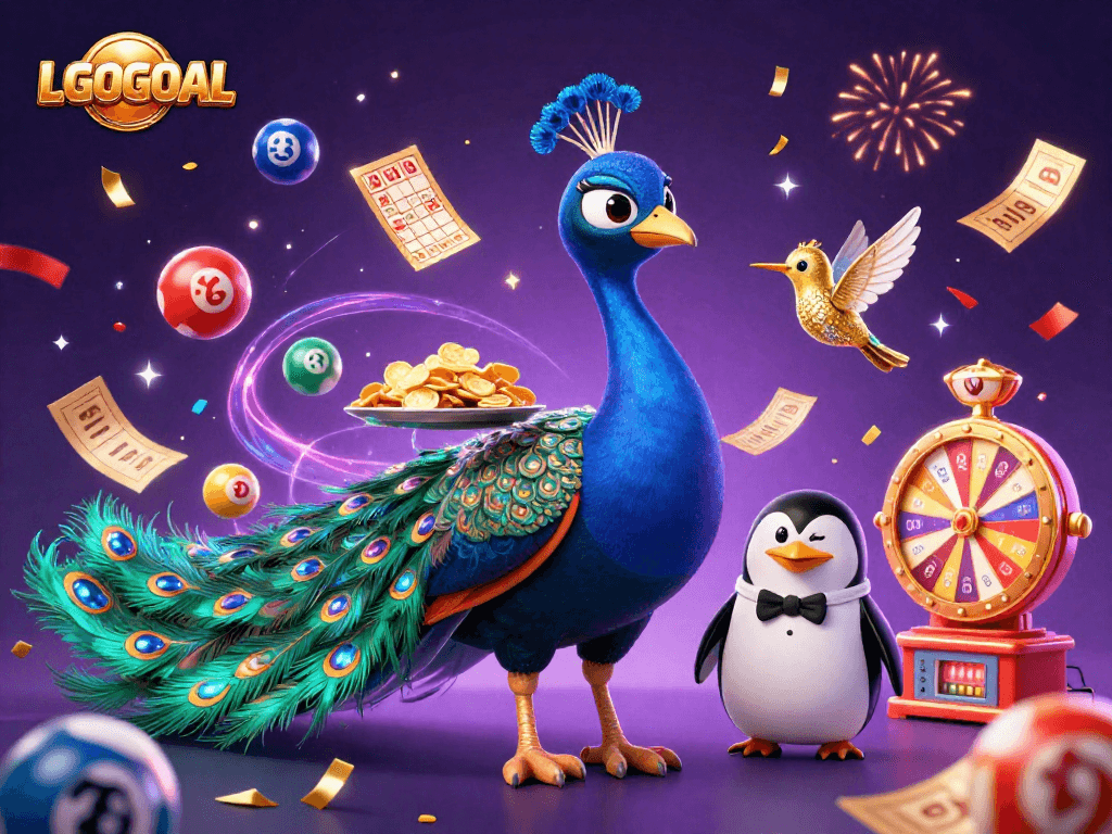 Experience LGOGOAL's vibrant gaming with a peacock, penguin, and hummingbird in a dynamic casino scene.