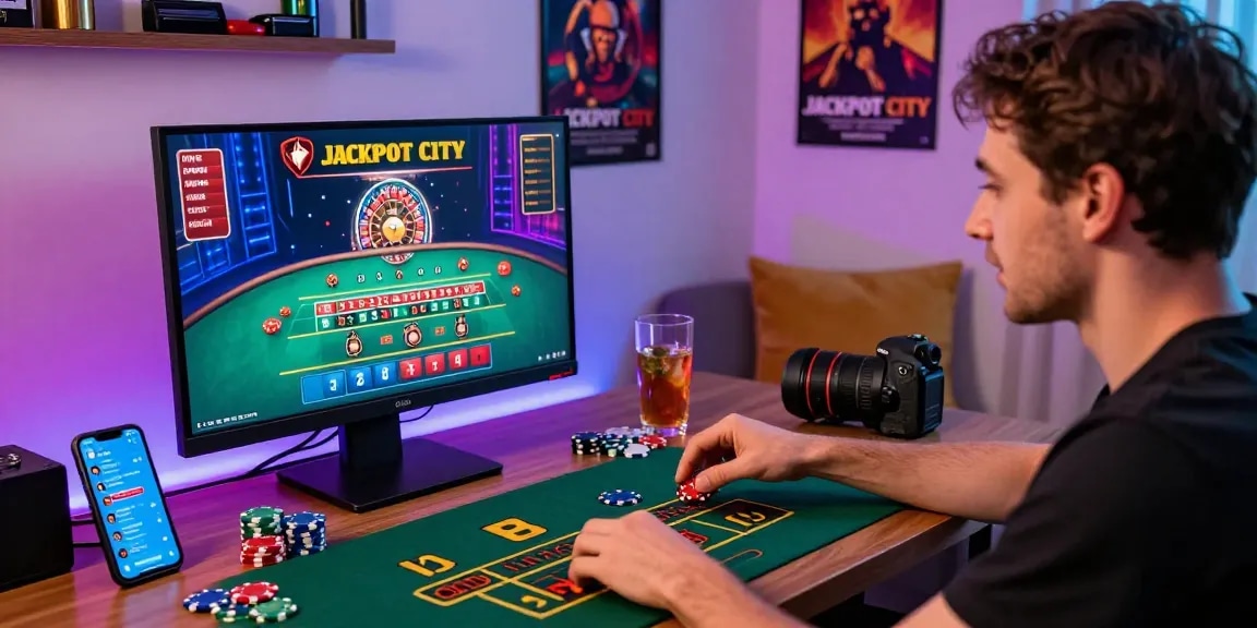 Exciting Jackpot City online gaming experience with player interacting with live dealer at stylish home setup.