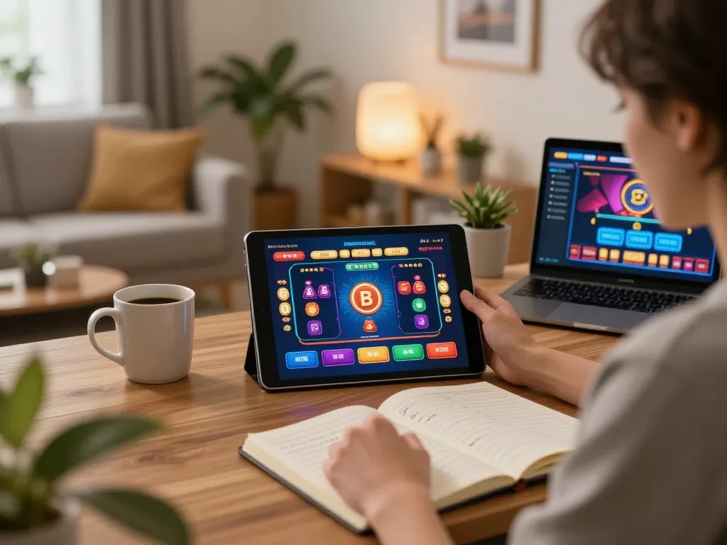 Engaging home gaming experience on tablet for uu 88 casino gameplay with strategy notes and warm atmosphere.