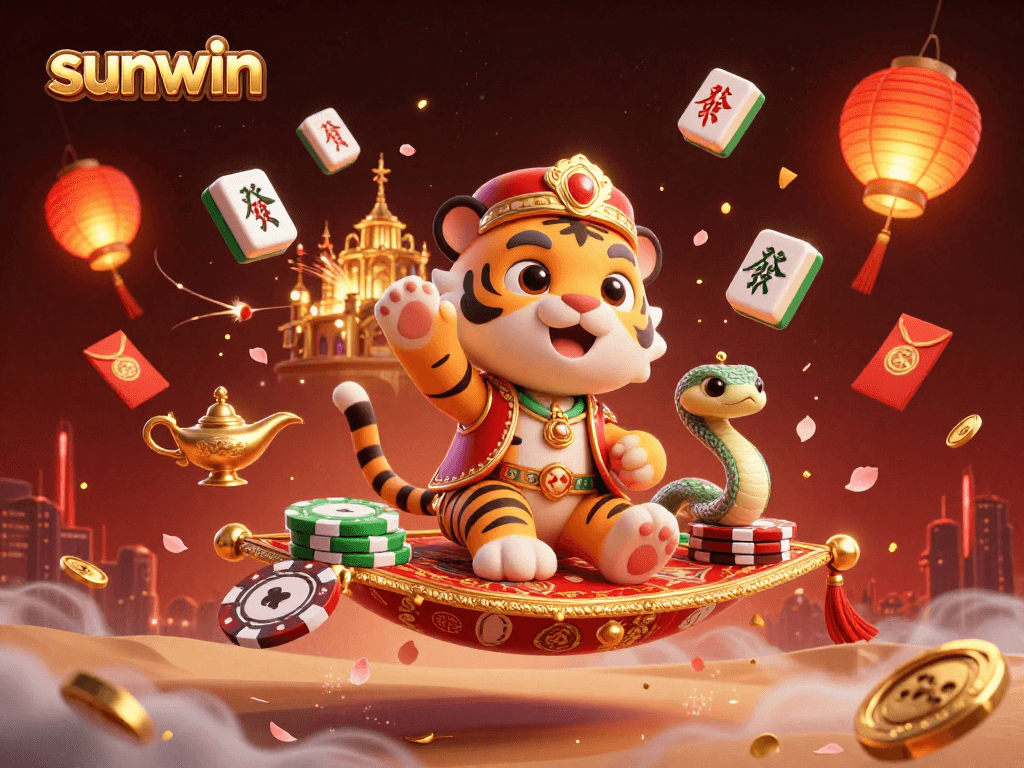 Sunwin showcases a vibrant 3D scene with Arabian Nights-themed characters, enhancing the gaming experience.