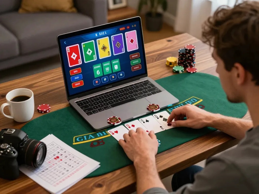 Player enjoying live dealer blackjack at home through 88vv online platform, showcasing strategic gameplay in a cozy setting.