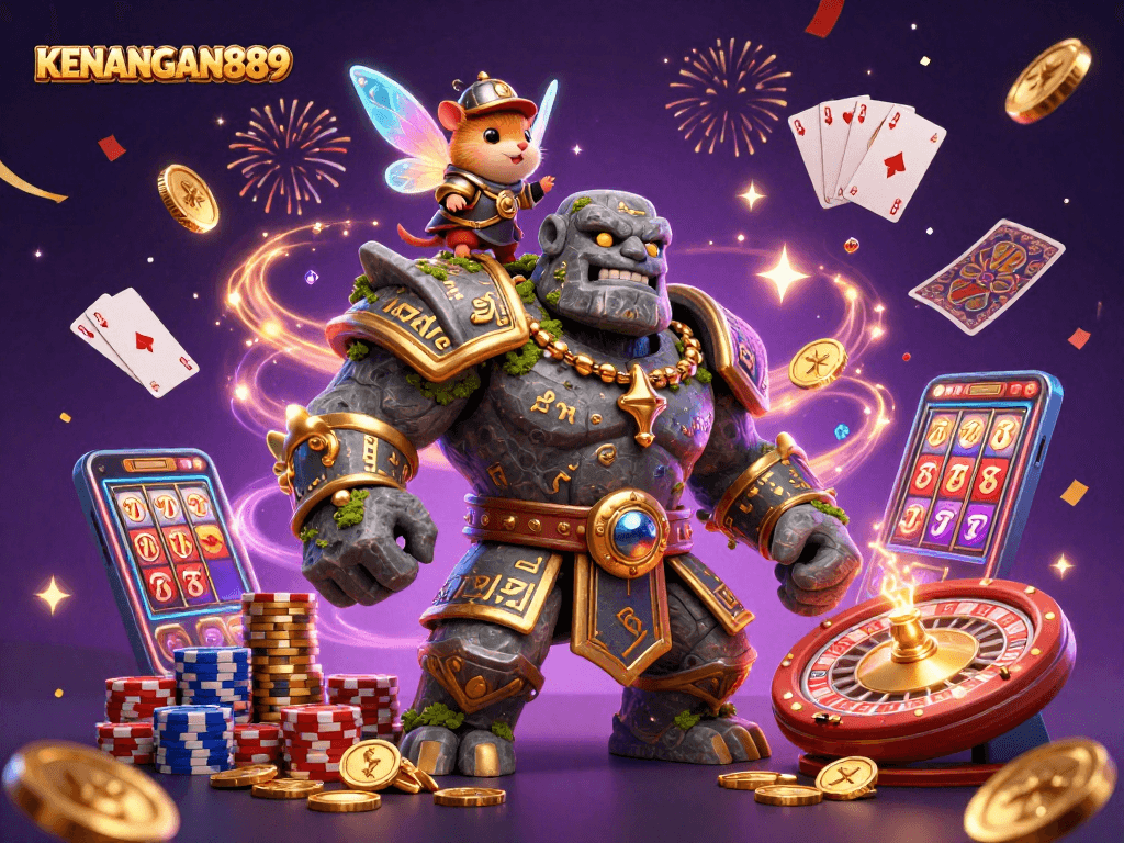 Experience the excitement of KENANGAN889 with lively characters and casino elements like slots and cards.