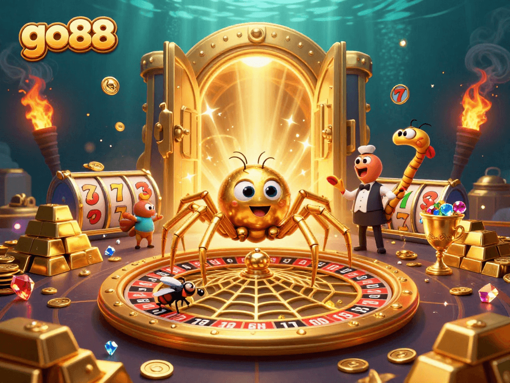 Experience exciting gaming at go88 with a golden web roulette scene featuring vibrant characters