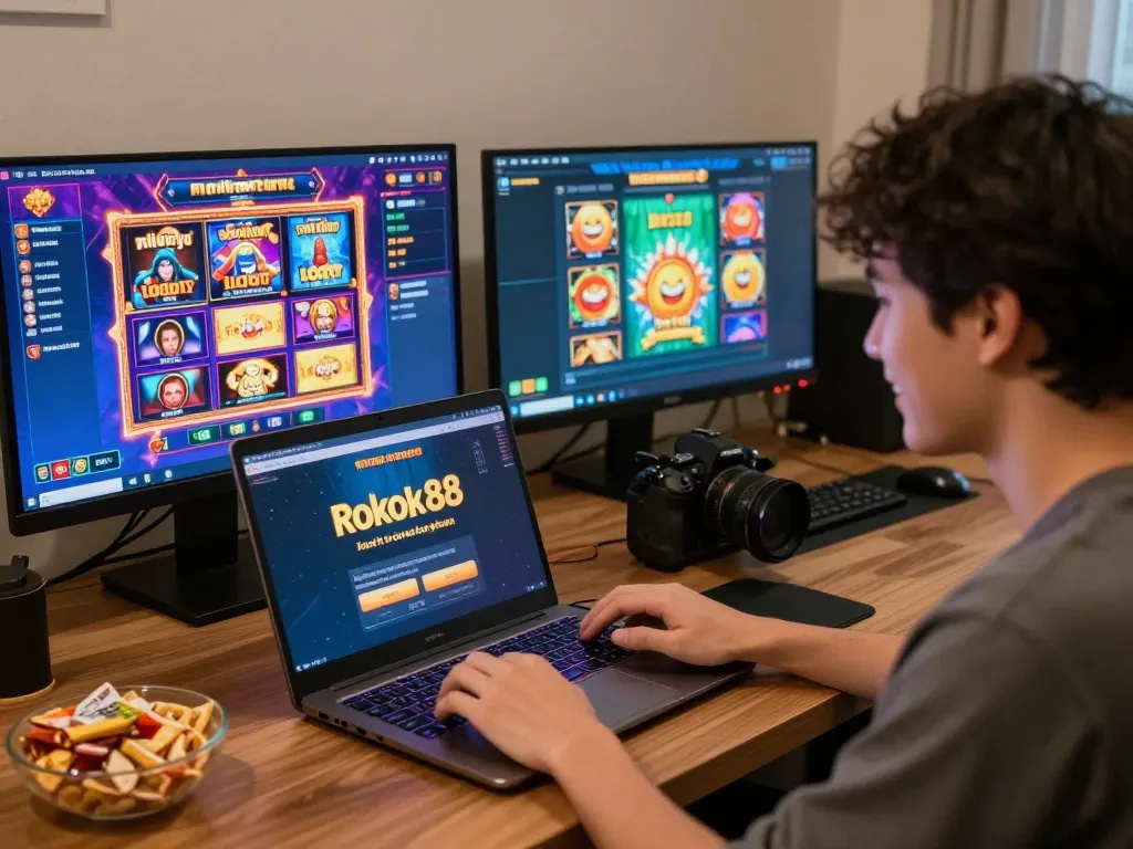 Bermain login slot rokok88 di laptop di rumah dengan grafik permainan yang berwarna-warni.