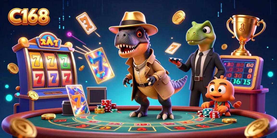 C168 gaming experience with a velociraptor card counter, stegosaurus pit boss, and a compy pickpocket at a jackpot table.