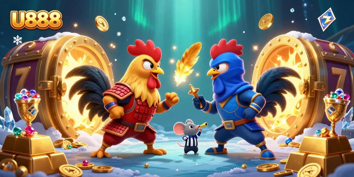 U888 showcases twin roosters in a dynamic gambling standoff with rich treasure elements around.