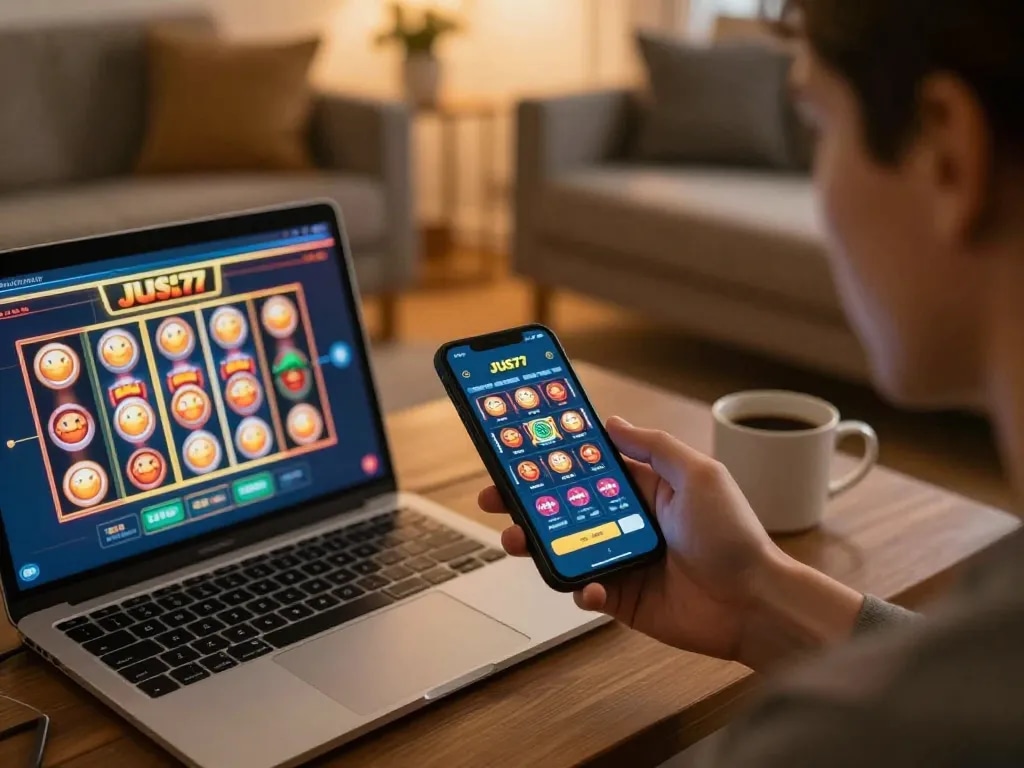 Player engaging with the Jus77 app for mobile gambling and gaming strategies.