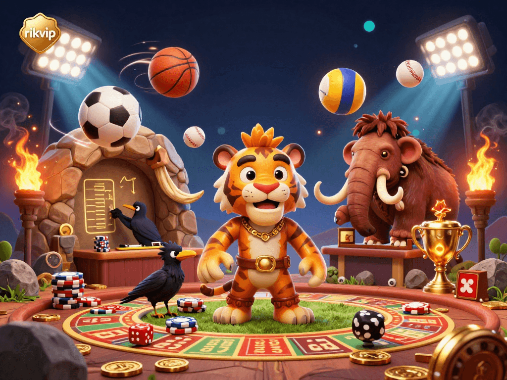 Engage with rikvip at a vibrant prehistoric casino featuring sports betting elements and dynamic characters.
