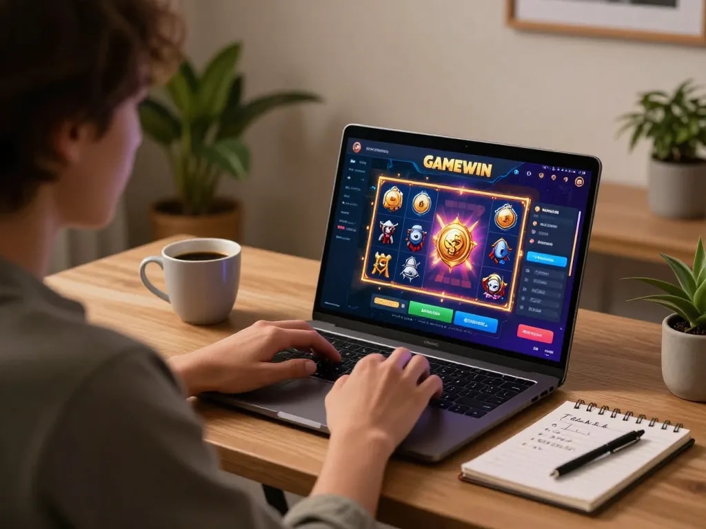 Engaging gameplay on GAME SUNWIN showing a player immersed in the slot machines on a laptop at home.