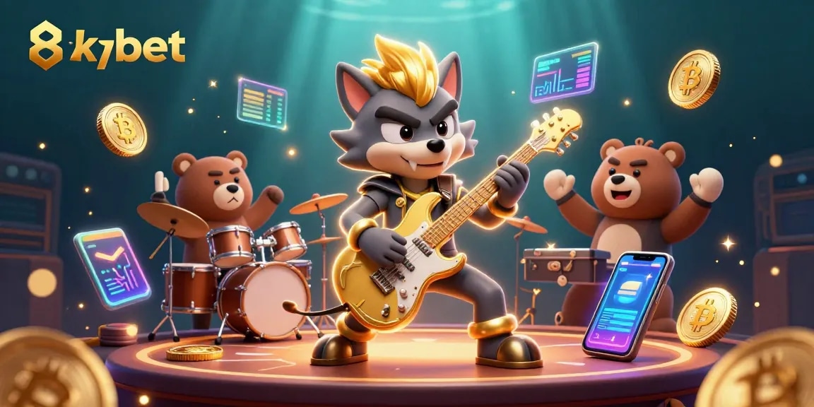 Join the excitement with 8xbet as a rock star wolf rocks the casino stage surrounded by crypto coins and dynamic gaming elements.
