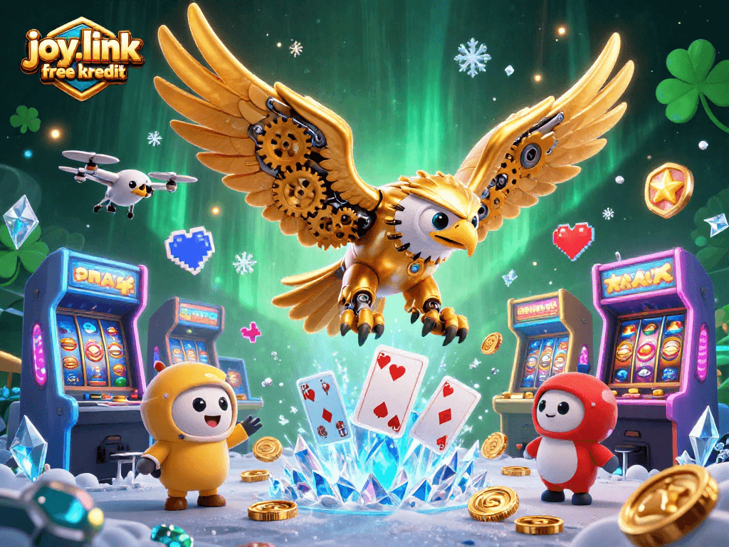 Experience the thrill of joy.link free kredit with a stunning 3D eagle illustration in a vibrant casino setting.