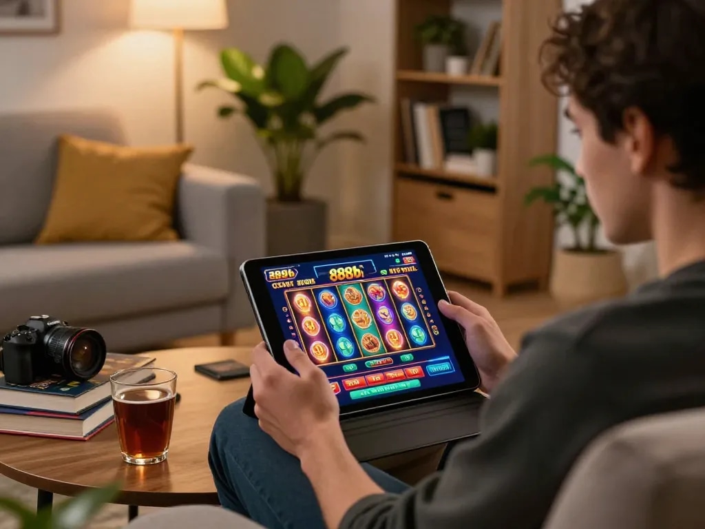 Engaging player using the 888b casino app on a tablet in a cozy home setting