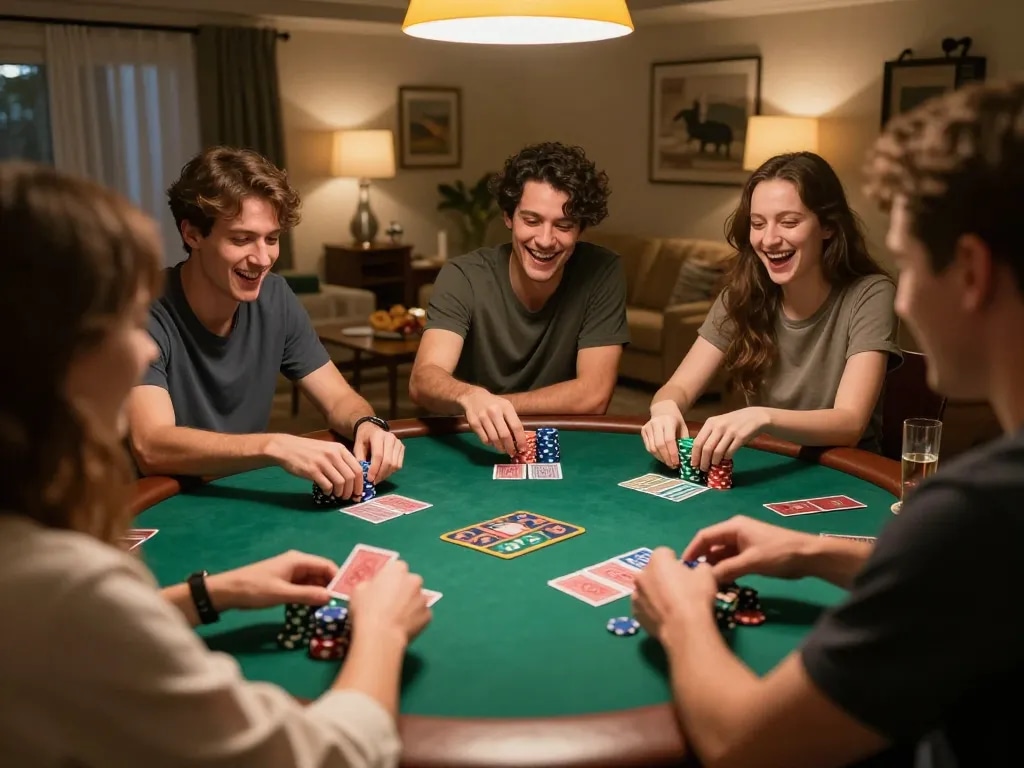 Nohu90 poker night with friends enjoying Texas Hold'em in a cozy home setting