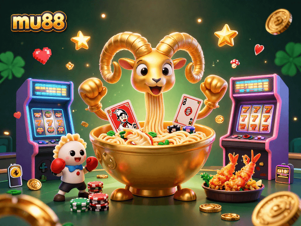 Join the action at mu88 with an exciting 3D casino scene showcasing vibrant game elements and characters.