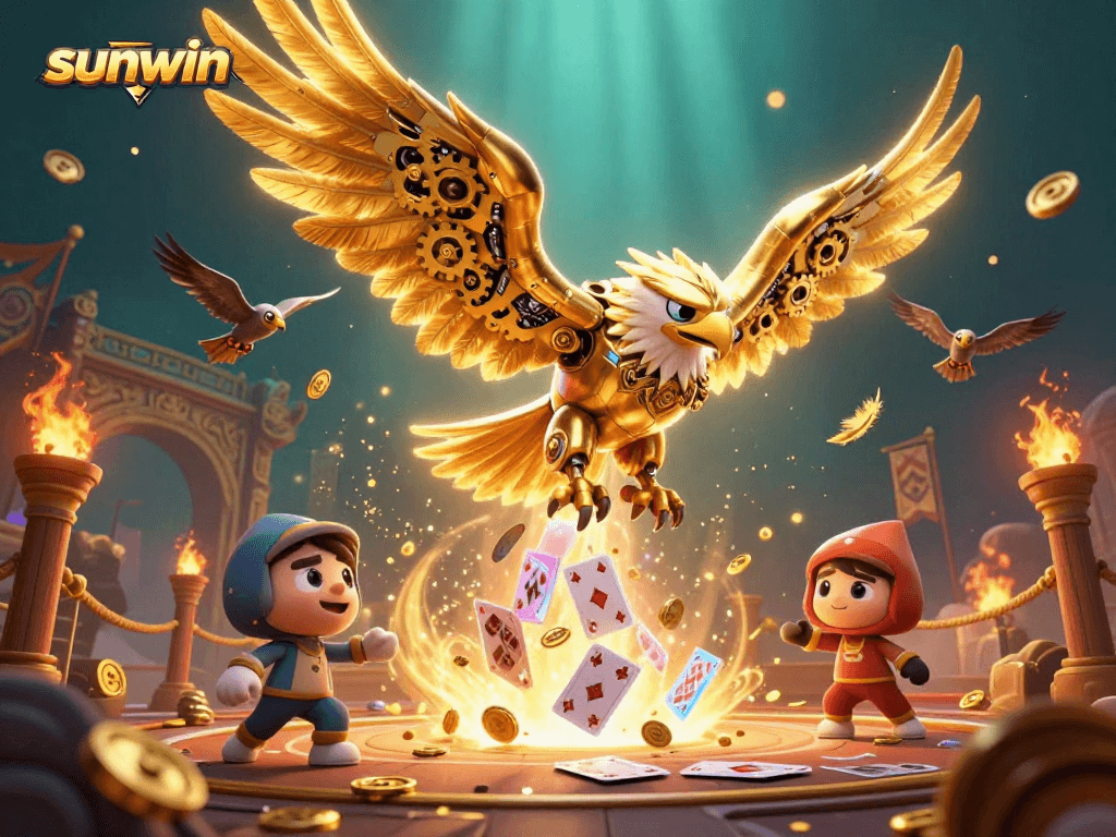 Experience thrilling gameplay at sunwin with a cybernetic eagle amidst vibrant casino elements.