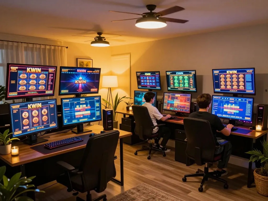 Player engaging with KWIN slots on multiple screens in a modern home gaming setup, highlighting online casino strategy.