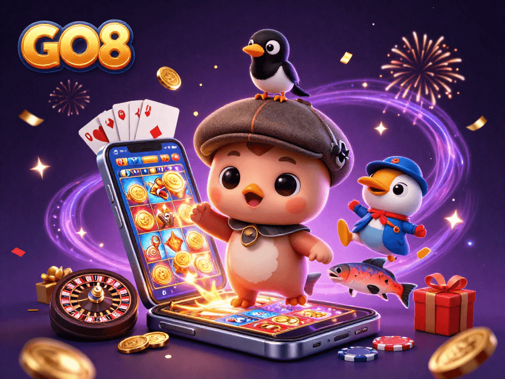 Spin the reels with GO8 and enjoy golden treasures in this vibrant casino scene!
