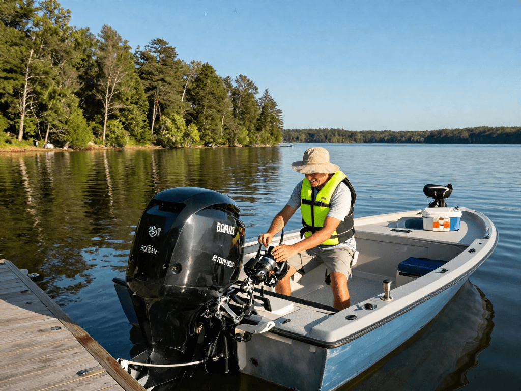 Boater inspecting Yamaha outboard engine at Outboard Engine Hub with serene lake backdrop.