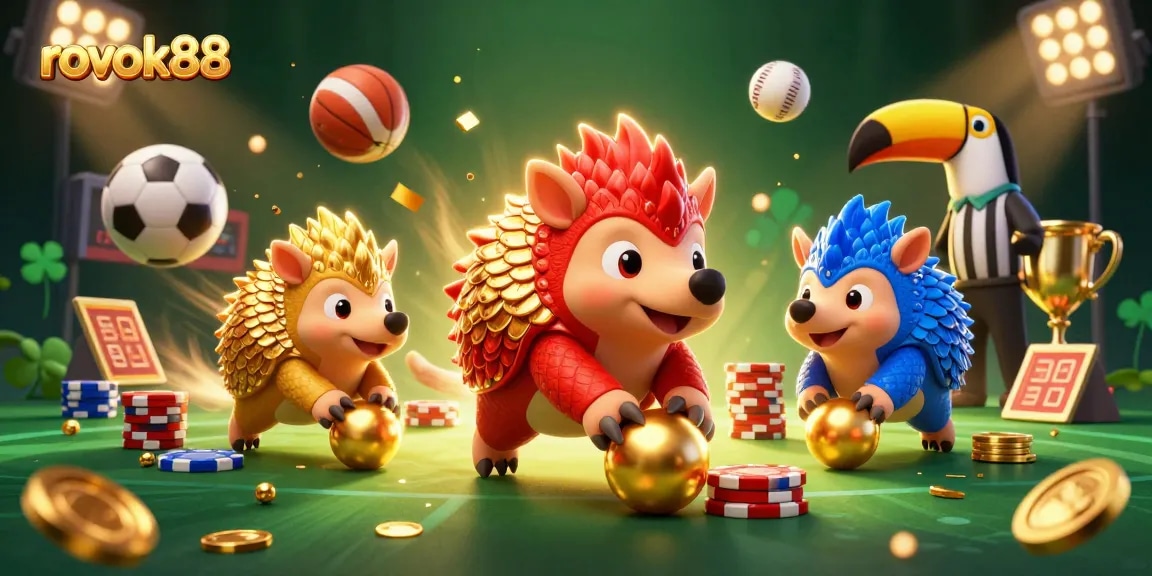Join the excitement with rokok88 as rival pangolins bowl through poker chips in a vibrant casino scene.