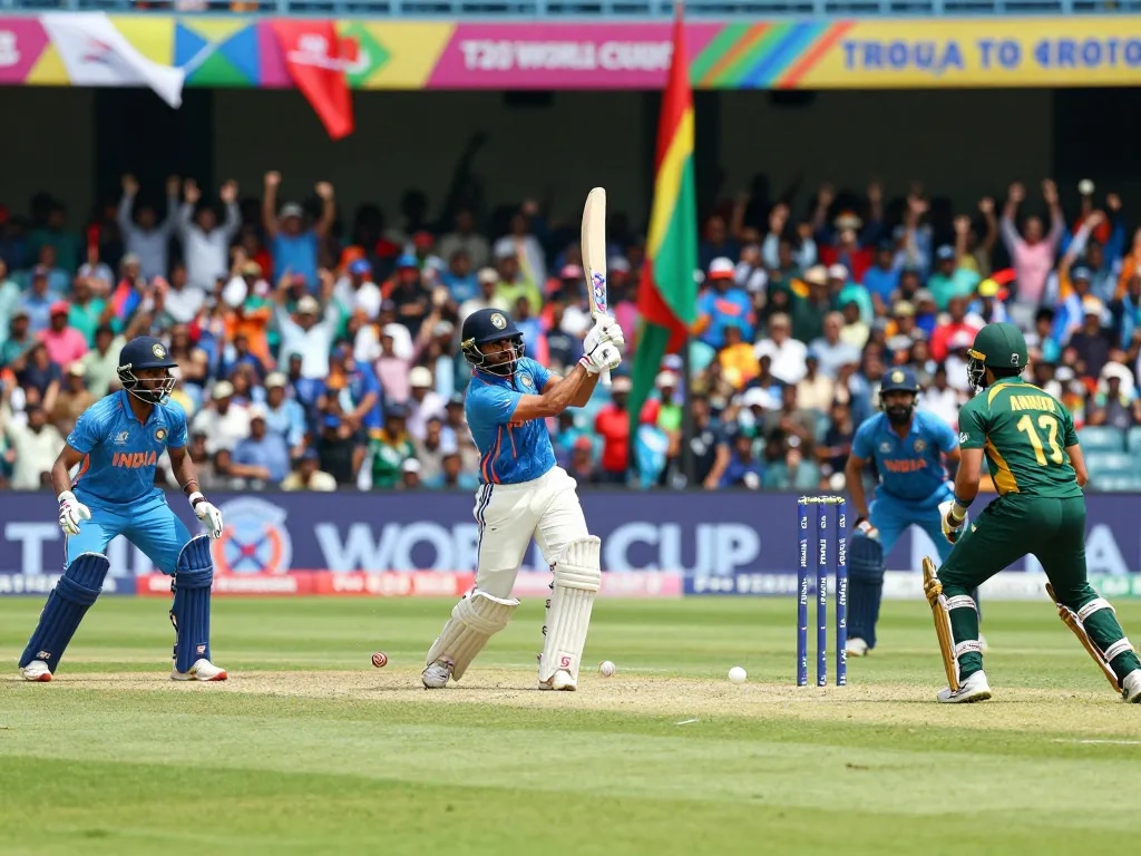 Action-packed cricket match featuring India and South Africa during T20 World Cup 2026 with crickex casino branding in the stands