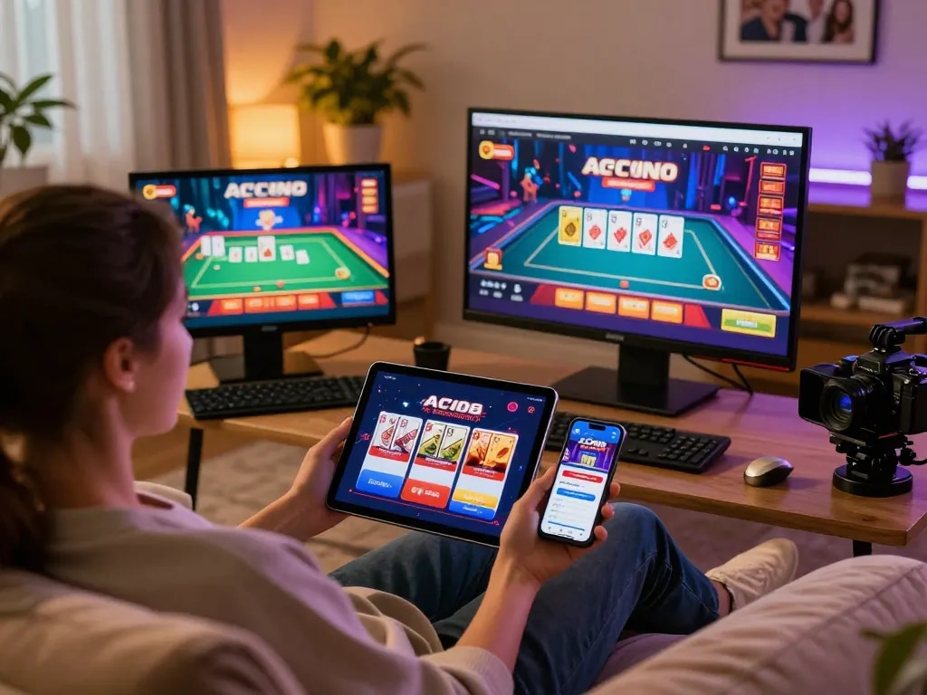 Player engaging with the LC88 app for online gambling in a cozy home setting
