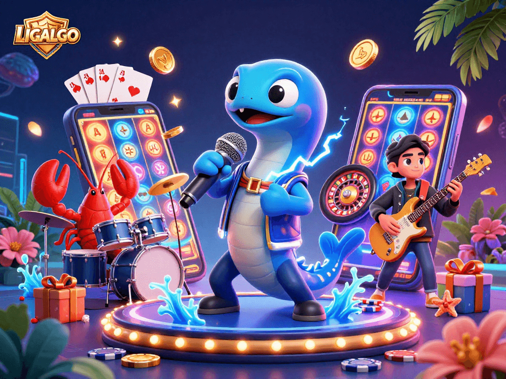 LIGALGO offers a vibrant underwater casino scene with an electric eel DJ, showcasing thrilling slot games and casino elements.