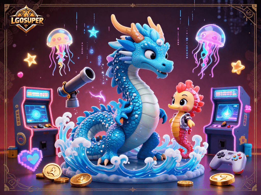 Engage with the underwater excitement of LGOSUPER's fish shooting game featuring a detailed dragon, knight, and jellyfish.
