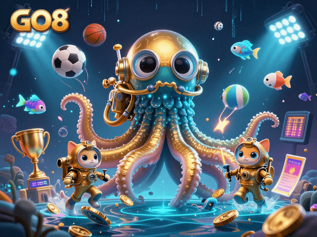 GO8 transforms gaming with a kraken's treasure and diving cat in an exciting casino atmosphere.