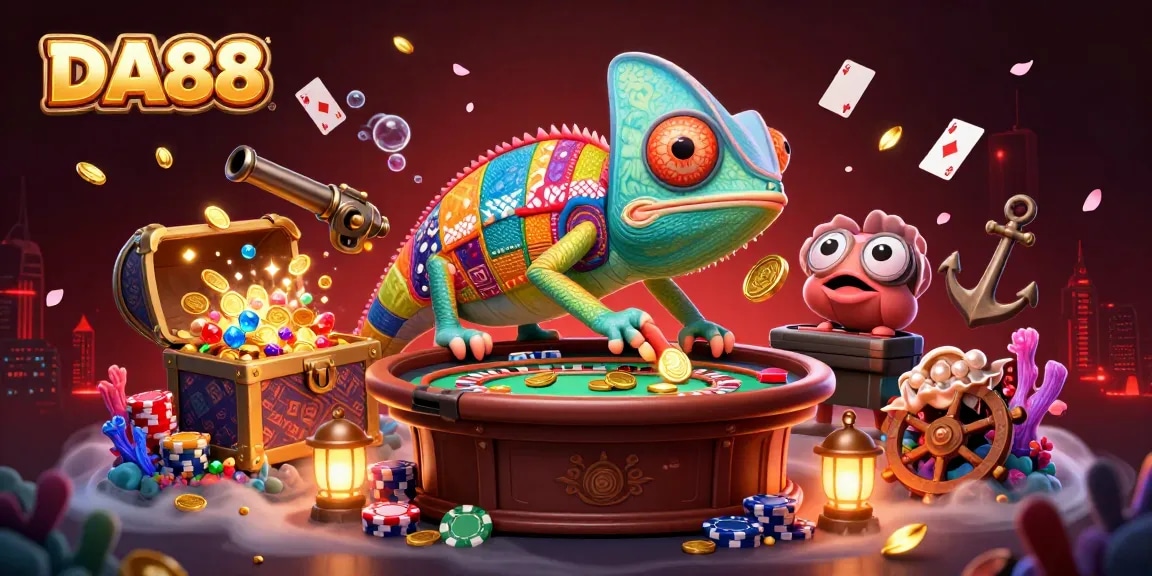 Engage in vibrant DA88 gaming action with a colorful chameleon and dynamic casino elements.