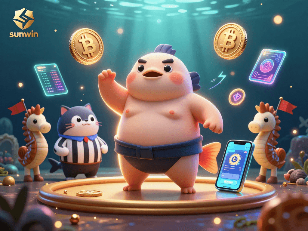 Experience thrilling gameplay with sunwin featuring a sumo wrestler fugu, catfish referee, and crypto elements.