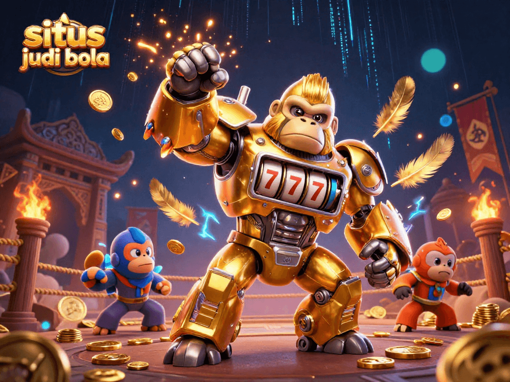 Experience situs judi bola excitement with a dynamic illustration of a golden gorilla mech surrounded by thrilling casino elements.