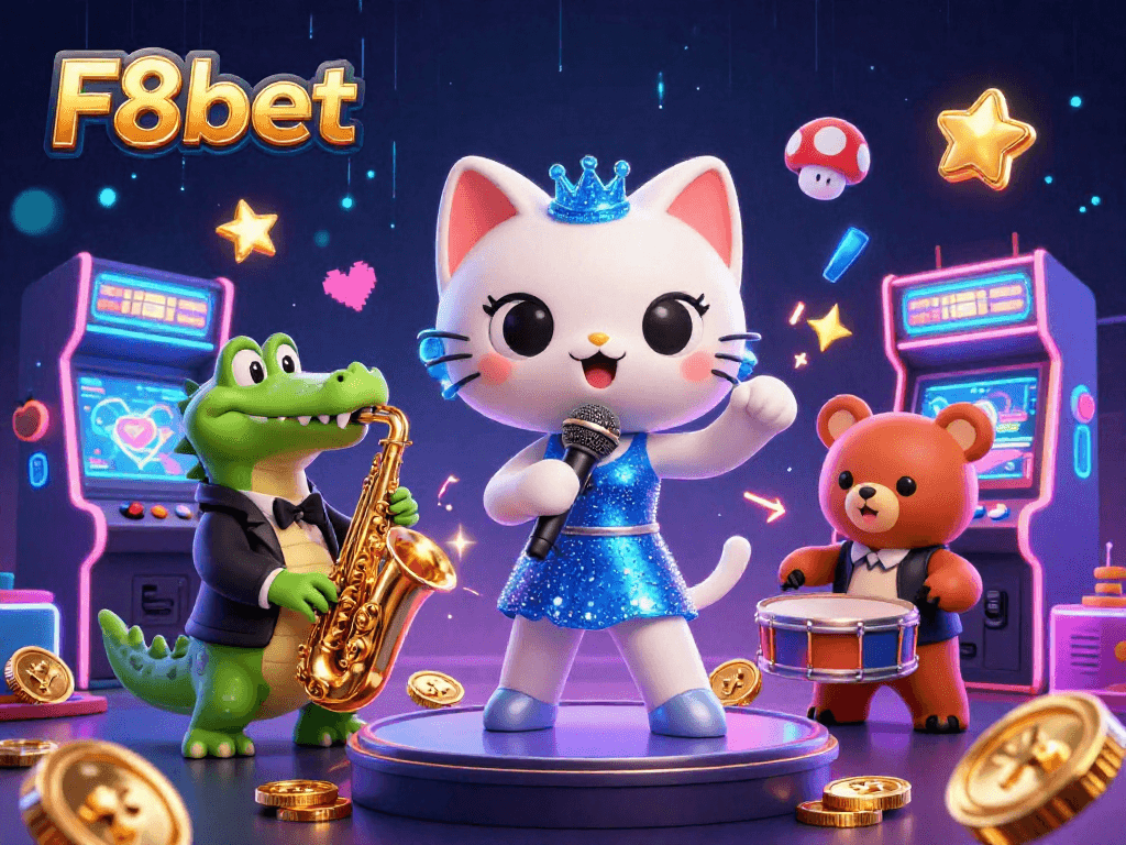 Engage with F8bet's dynamic online casino scene featuring vibrant characters and gaming elements.